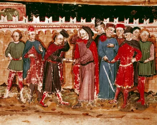 Tjänstemän för miniatyrgabellen från manuskriptet (Ms. H V-5) "Codex de Privileges""