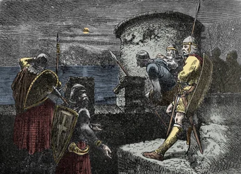 På utkik efter nordmän - varegue-vakten (Varangian) observerar horisonten bakom befästningarna