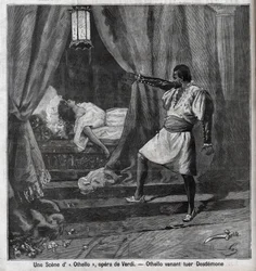 Othello har just dödat Desdemona i hennes säng. Scen ur operan ”Otello” av Giuseppe Verdi (1813-1901). Gravyr i ”Le Parisien”.