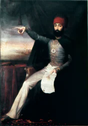 Osmanska riket: Porträtt av sultan Mahmud II (1784-1839). Han är avbildad med pekande finger, kanske för att ange ordern att slakta janitsjarerna. Anonym oljemålning. 1808-1839, Istanbul, Topkapi Sarayi-museet, Turkiet