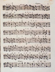 Sida med partitur av Sonata för 2 violiner, cello och orgel, op. 5 av Giuseppe Aldrovandini (1706)