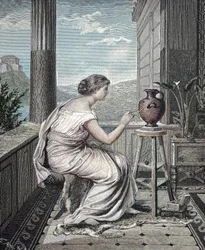 Målare, konstnär, ung grekisk kvinna som målar en vas, historisk, digital reproduktion av ett originalkonstverk från 1800-talet