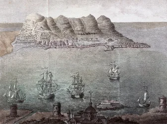 Panoramavy över Gibraltar och Gibraltarsundet. 1800-talet. Madrid, Nationalbiblioteket.