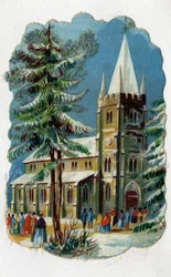 Församlingsbor som går till en kyrka för söndagsmässa. Kromolitografi omkring 1890.