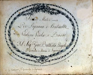 Uppdelning av "" Stabat Mater "" av Jean Baptiste Pergolese (Giovanni Battista Pergolesi, Jean-Baptiste) 1710-1736. "" Stabat Mater för sopran och alt med violiner, viola och bas. ""