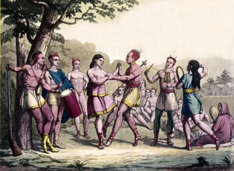 Festscen bland Iroquois-indianerna. 1600-talsgravyr.