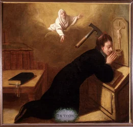 Pastor, en yxa planterad i skallen, räddad av Saint Anne i bön - Ex-Voto Sainte Anne d