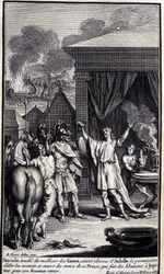 Patroklos berör grekernas olycka, efter att ha fått tillstånd av Akilles att gå och rädda dem, täcker sig med denna prinss vapen, som gör dricksoffer till Jupiter för hans lyckliga återkomst. Illustration av bok XVI av Iliaden av H