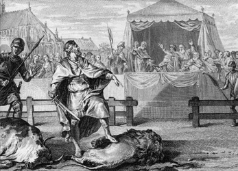 Pepin le Brief (714-768), frankernas nye kung, bevisar sitt mod genom att slåss mot ett lejon och en tjur på en arena, 751. Gravyr från 1700-talet.