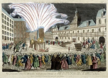 Perspektivvy av ett fyrverkeri framför Hôtel de Ville för publiceringen av Peace in Paris