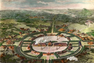 Perspektivvy av Royal Salts of Arc och Senans (Arc-et-Senans) nära Chaux byggd av Claude Nicolas Ledoux (1736-1806) 1774. Gravyr efter "Historia om fransk arkitektur, från renässansen till revolutionen" 1804 Privat samling