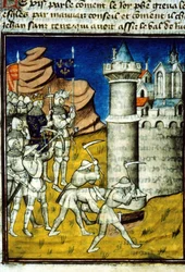 Philip II Auguste (1165-1223) en Chinon - miniatyr i "" Grandes chronicles de Saint-Denis", sent 1300-tal. (ref. 512, 237r) Ansökan om auktorisation till Bibliotheque Municipale de Toulouse (tel: 05 62 27 66 66)