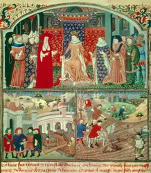 Philippe the Bel trunant (1268-1314) med plöjningsscen och handelsplats. Miniatyr i "" Livre du régime des princes"" av Gilles de Rome (v.1247-1316), Paris, B N