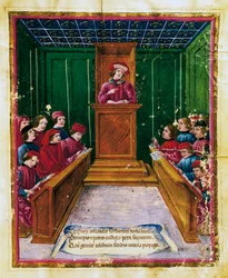 Pietro da Unzola föreläser från juridisk text för elever under juridikföreläsning vid universitetet i Bologna, miniatyr från Liber iurium et privilegiorum notariorum Bononiae manuskript, Italien