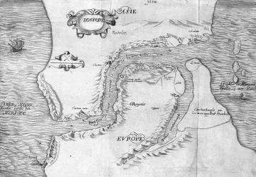 Plan som visar Konstantinopelsundet (nu Bosporensundet (Bosporos) - i "" Voyage de levant gjord av kungens befallning år 1621", redigerad 1629 (under Ludvig XIII Le Justes regering)