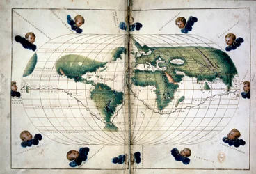 Planisphere (eller världskarta). Geografiskt diagram från Atlas of Battista Agnese (1500-1564), cirka 1543. Paris, B.N.