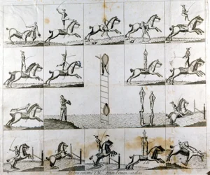 Plåt med 19 tryck som visar den engelska voltigern Mr Prices skicklighet. 1790 ca.