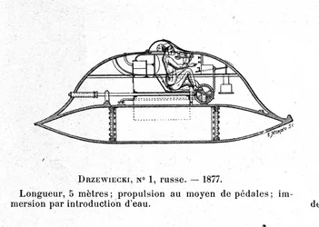 Skylt som föreställer ubåten Drzewiecki 1, en pedalubåt designad av uppfinnaren och ingenjören Stefan K. Drzewiecki (1844-1938). 1877 ca.