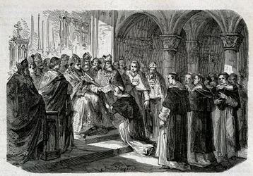 Påven Adrien II (792-872) överlämnade till en av sina legater en bubbla av bannlysning mot Lord Normand. Gravyr - i "" Påvarnas historia"", sd. 1800-talet.