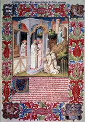 Påven Johannes XXII anförtror Odoric av Pordenone (franciskansk) uppdraget att evangelisera Overseas Sea. Män som leder rapphöns till Trabzon. Vapen och emblem av Jean Without Fears. Jean de Berrys vapen. Miniatyr i "" Itinerarium. Underverkens bok”,