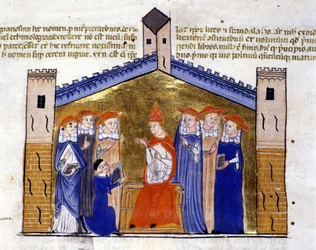 Påve Johannes XXII av Avignon tar emot Clemens V:s apparat från författaren (Schismen). Manuskript från 1400-talet. Biblioteca Nazionale Braidense, Milano.