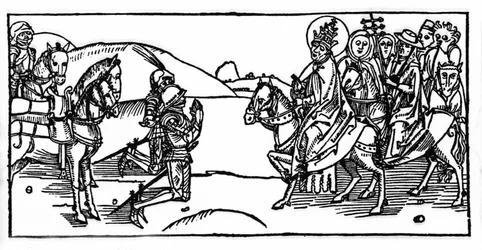 Påven Leo I möter Attila och stoppar honom - Gravyr från "Leben der Heiligen - sommerteil" (Helgonets bok) av Jacobus (James) av Voragine (1228-1298). Lübeck 1488.