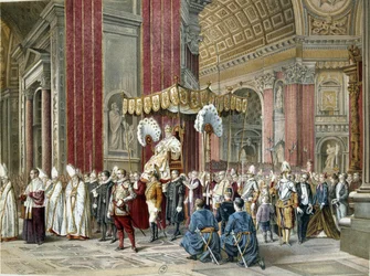 Påven Pius IX (1792-1846) gick till öppningsceremonin 1869-12-08 av det första Vatikankonciliet i Peterskyrkan. Det är på Sedia Gestatoria. Illustration av perioden.