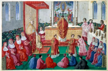 Påven Sixtus IV (1414-1484) deltar i mässan i Sixtinska kapellet vid Vatikanens miniatyrdecoupé på 1400-talet. Sön 0,1x0,16 m Chantilly, musée Conde