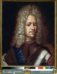 Porträtt av Alexander Danilovich Menshikov, Generalissimo, prins av det heliga romerska riket och hertig av Ungern (1673-1729). Anonym målning. Olja på duk, 61 x 50 cm, ca 1720. Rokokokonst. State Museum of History, Moskva.