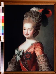 Porträtt av kejsarinnan Maria Feodorovna (Sophie Dorothea av Württemberg) (1729-1828) (Porträtt av kejsarinnan Maria Feodoravna, Sophie Dorothea av Württemberg). Anonym målning. Olja på duk, 84,7 x 62,7 cm