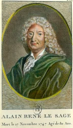 Porträtt av Alain Rene Lesage (Alain-Rene Le Sage) (1668-1747) fransk författare. Gravyr av 1700-talet. Privat samling