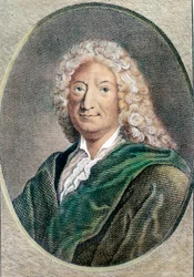 Porträtt av Alain Rene Lesage (Alain-Rene Le Sage) (1668-1747), fransk författare. Gravyr av 1700-talet. Privat samling