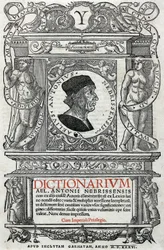 Porträtt av Antonio Martínez de Cala, kallad Antonio de Nebrija (1441-1522), spansk humanist och grammatiker. Försättsblad ur hans ordbok, utgiven 1536. Nationalbiblioteket i Madrid.