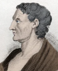 Porträtt av Aristoteles, känd som stagiriten, på grekiska Aristoteles, grekisk filosof (384 f.Kr. till 322 f.Kr.). Gravyr från 1800-talet.