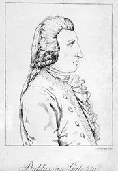 Porträtt av Baldassare Galuppi. Italiensk kompositör (1706 till 1785) venetiansk gravyr från slutet av 1700-talet