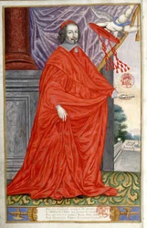 Porträtt av kardinal Julius Mazarin (1602-1661). Porträtt målat på veläng i Jean Puget de La Serre, Panegyric of the Illustrious Men of Our Time. 1655