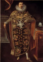 Porträtt av Charles Henri de Clermont Thonnerre (1571-1640) i riddarklänning av den Helige Andes Orden (Den Helige Andes Orden) Anonym målning. 1600-talet. Paris, musee de la Legion d