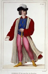 Porträtt av Karl I av Bourbon 1401-1456. Gravyr från 1830