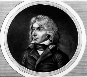 Porträtt av Charles Jean - Baptiste Bernadotte (1763-1844), marechal av Frankrike, kung Karl XIV av Sverige och Norge. gravyr i "" Komplett samling av historiska målningar från den franska revolutionen, i tre volymer."" 1804.