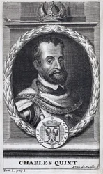 Porträtt av Karl V (1500-1558), kung av Spanien och spanska Amerika, kung av Sicilien och kejsare av det heliga romerska riket germansk (1519-1556). Gravyr för att illustrera "History of the War of Flanders", av Flamianus Strada, upplagan Joseph T