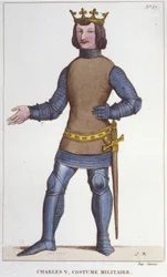 Porträtt av Karl V den vise i militärdräkt (1338 - 1380). gravyr från 1830