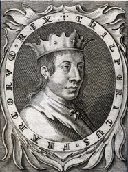 Porträtt av Chilperik II (v. 670 - 721), kung av Neustrien. 1700-talsgravyr.
