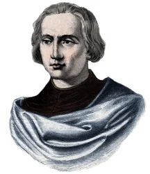 Porträtt av Christopher Columbus (Christopher Columbus, Cristoforo Colombo, Cristobal Colon) (1451-1506) Gravyr från 1800-talet
