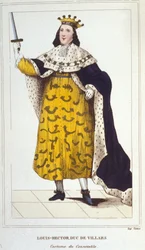 Porträtt av Claude, Louis, Hector, hertig av Villars, Maréchal av Frankrike i kostym av Connetable (1653-1734) gravyr från 1830