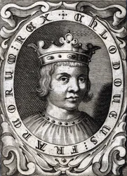 Porträtt av Clovis III (? - 695), kung av Austrasien. 1700-talsgravyr