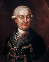 Porträtt av greve Franz Anton von Nostitz-Rieneck (1725-1794) grundare av statsteatern i Prag 1783 (Porträtt av aristokraten Frantisek Antonin greve Nostitz Rieneck som byggde Estates Theatre eller Stavovske divadlo, Prag) Anonym målning