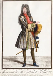 Porträtt av Francois de Neufville, hertig av Villeroy (1644 - 1730), marechal av Frankrike. Gravyr av 1700-talet. Privat samling.