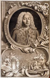 Porträtt av Georg Friedrich Handel (ou Handel) (1685-1759) Frontispice av "" Alexanders fest "" "1700-talet. Bologna, civilt bibliografiskt museum
