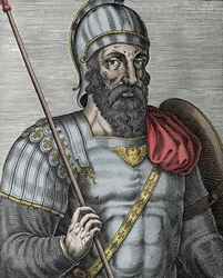 Porträtt av Gottfrid av Bouillon (Godefroy de Bouillon) (1040/61-1100), frankisk riddare och en av ledarna för det första korståget - Gravyr från 1500-talet
