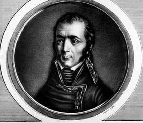 Porträtt av Guillaume Marie-Anne Brune (1763-1815), marechal av Frankrike. Gravyr i "" Komplett samling av historiska målningar från den franska revolutionen, i tre volymer.""" 1804.